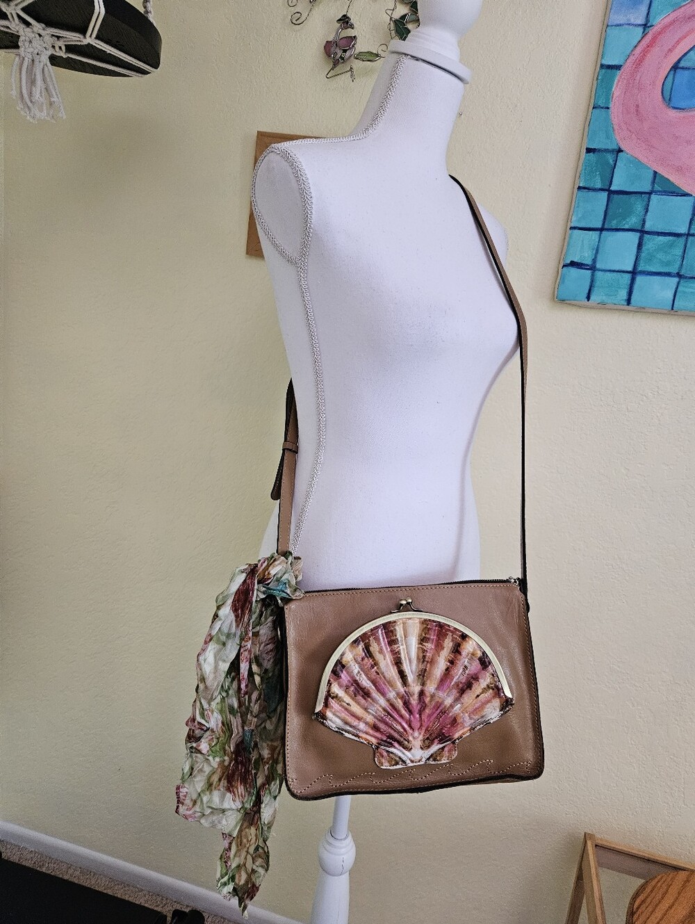 Patricia Nash Nazaire crossbody Leather Bag Seashells by the seashore with Scarf